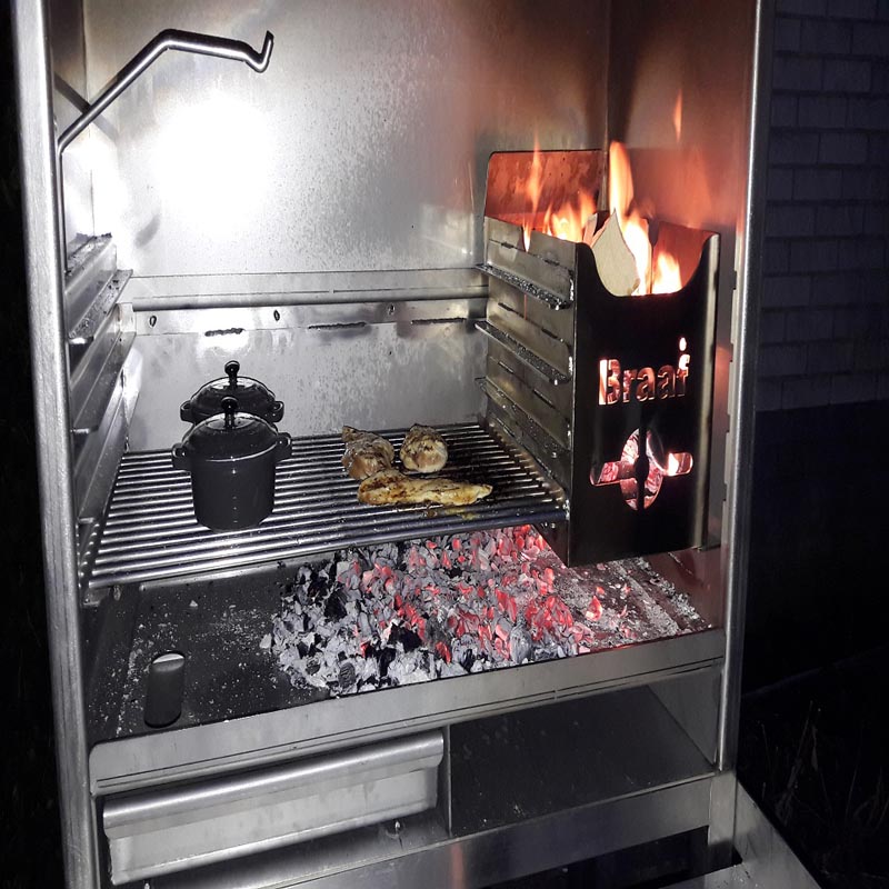 Braai inbouw-model houtskool-bbq, pizza-oven en houtkachel in 1
